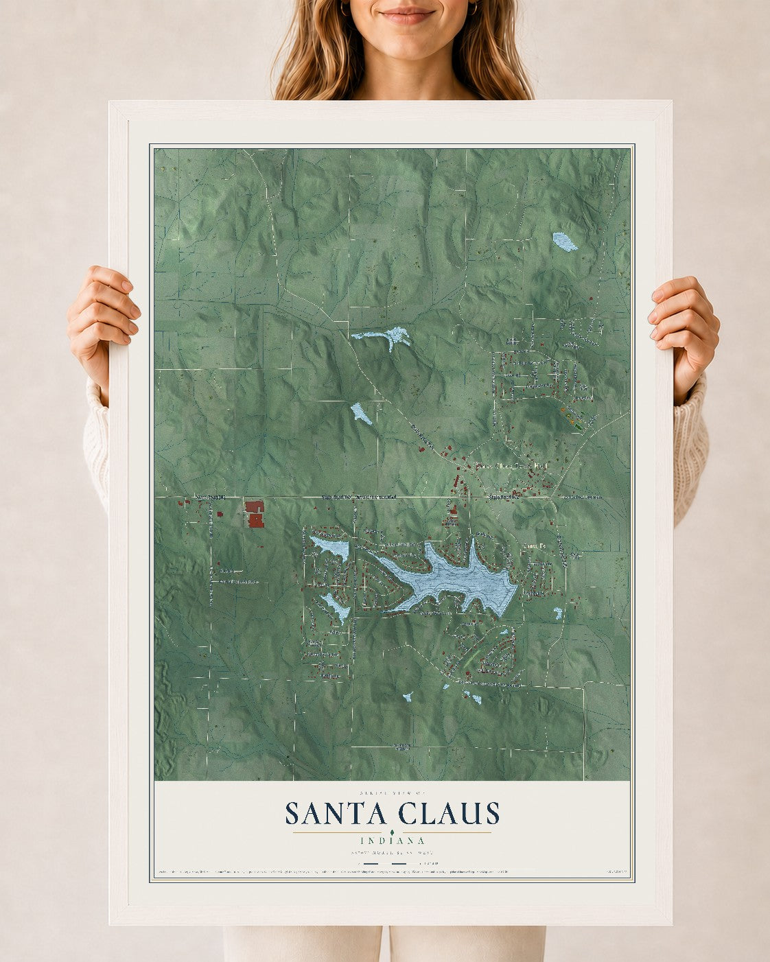 Map of Santa Claus, Indiana, 24 x 36 inch print in a white wood frame