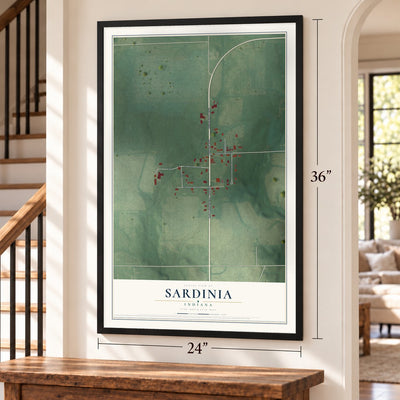 Sardinia, Indiana map, 24 x 36 inch print in a black frame by a staircase