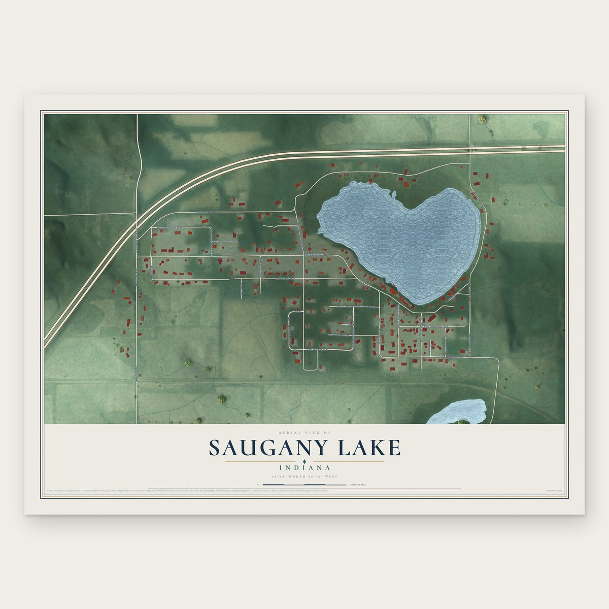 Saugany Lake, Indiana map print, the full design