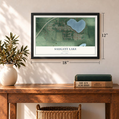 Saugany Lake, Indiana map, 12 x 18 inch print in a black frame in an entryway