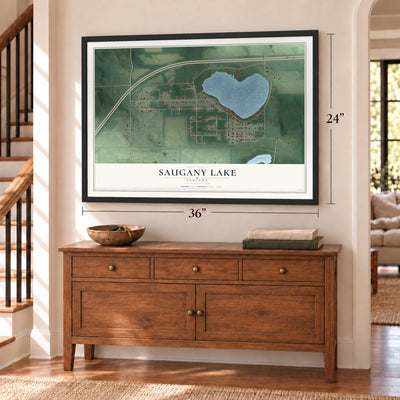 Saugany Lake, Indiana map, 24 x 36 inch print in a black frame above a dresser by a staircase