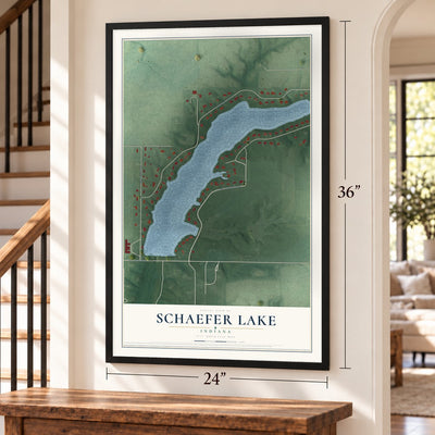 Schaefer Lake, Indiana map, 24 x 36 inch print in a black frame by a staircase