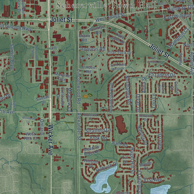 Close-up of the map of Schererville, Indiana print showing street and building detail