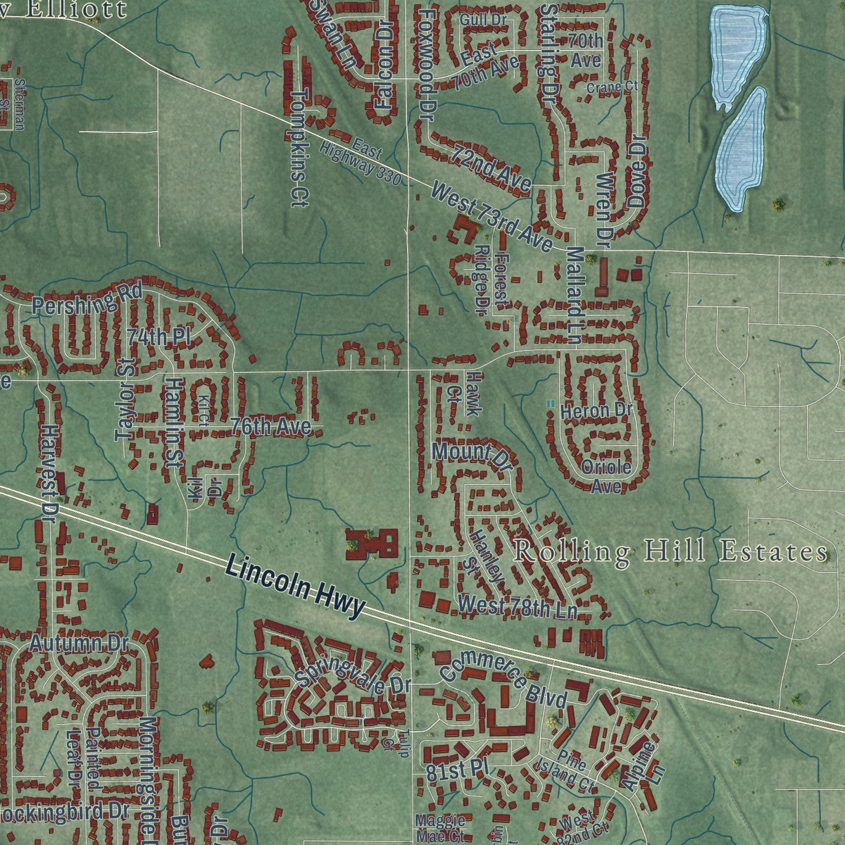 Second close-up of the map of Schererville, Indiana print showing more streets and buildings