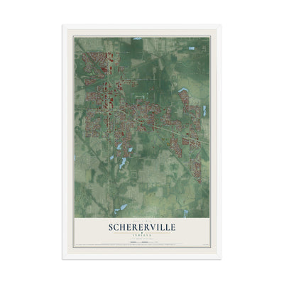 Map of Schererville, Indiana, 12 x 18 inch print in a white wood frame