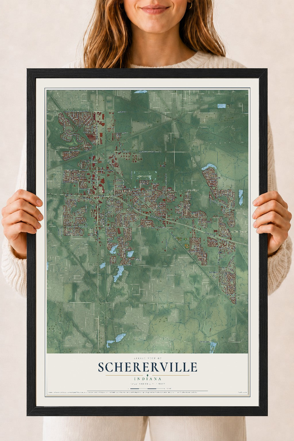 Map of Schererville, Indiana, 18 x 24 inch print in a black wood frame