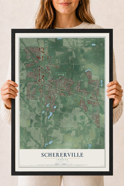 Map of Schererville, Indiana, 18 x 24 inch print in a black wood frame