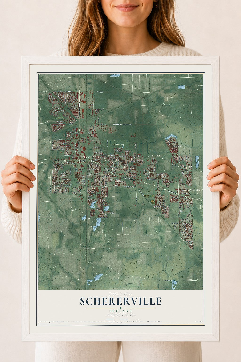 Map of Schererville, Indiana, 18 x 24 inch print in a white wood frame