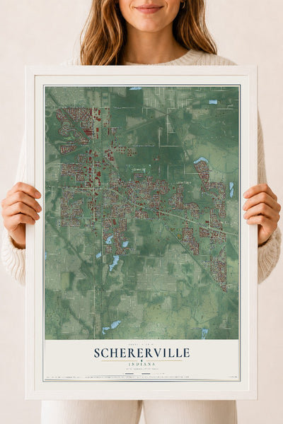 Map of Schererville, Indiana, 18 x 24 inch print in a white wood frame