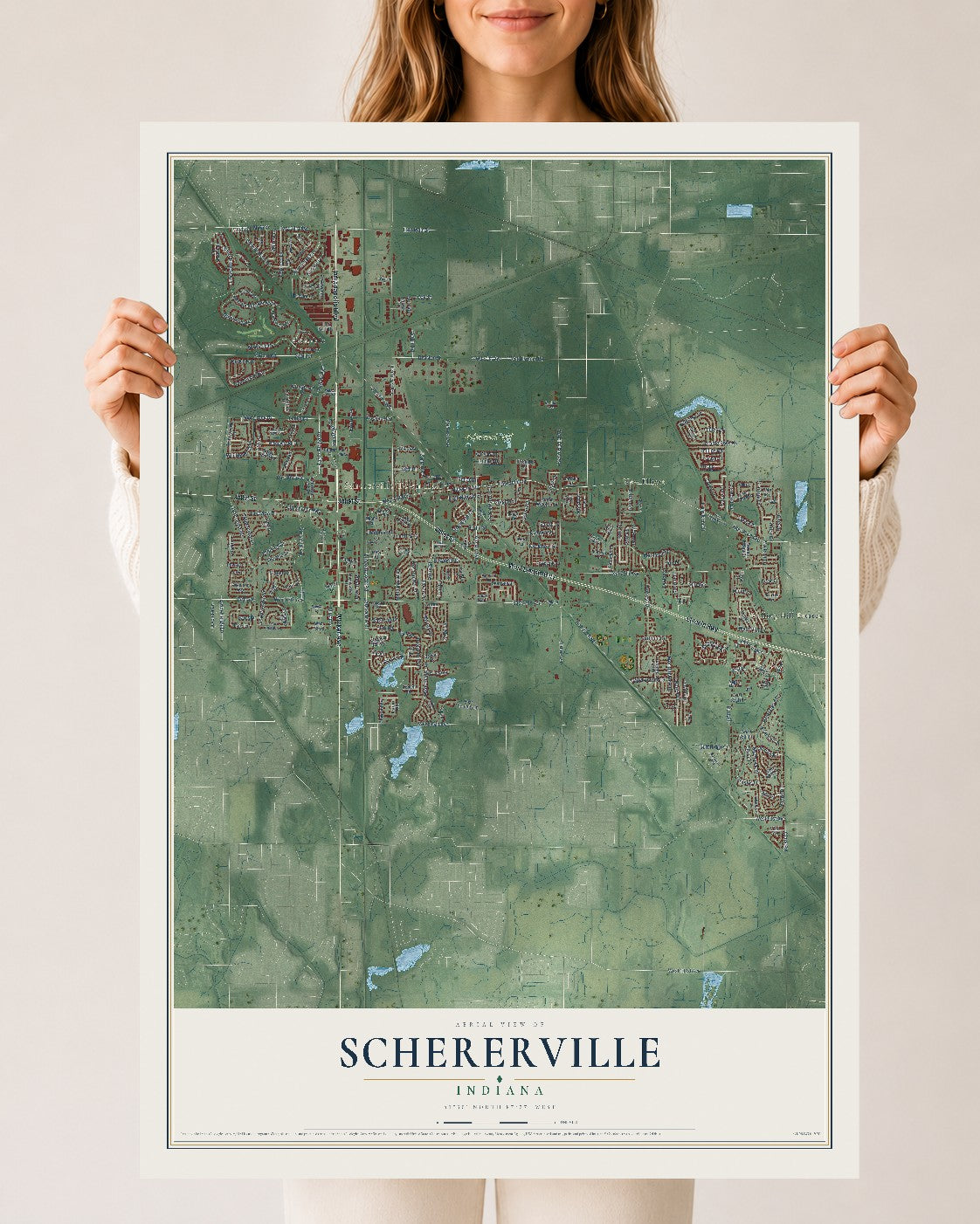 Map of Schererville, Indiana, 24 x 36 inch unframed archival matte print