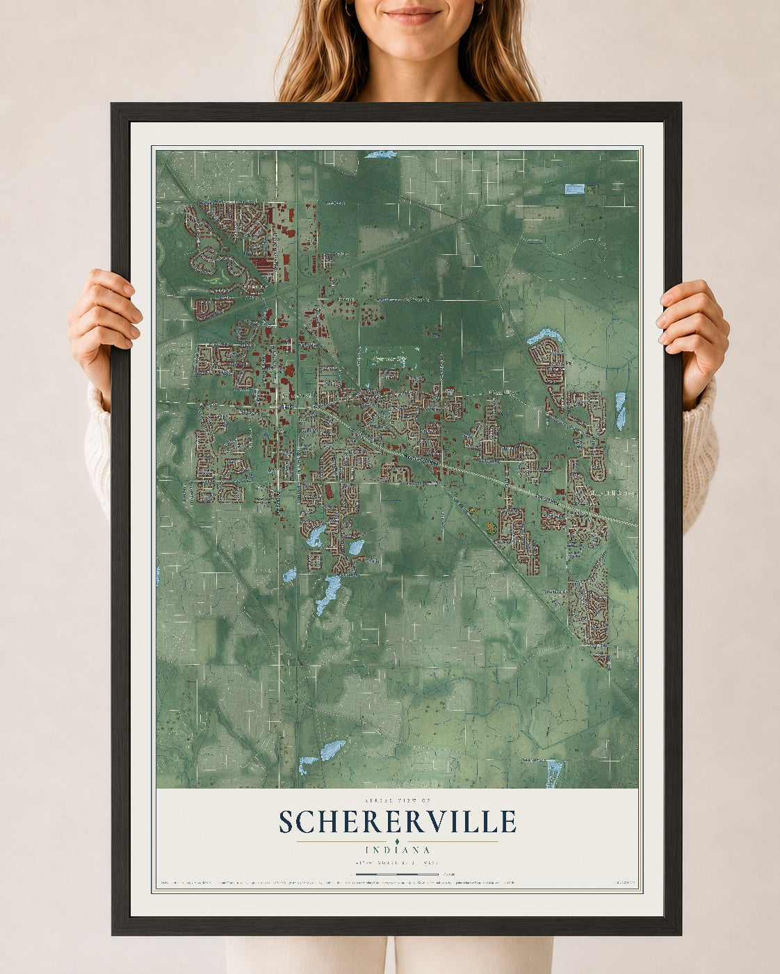 Map of Schererville, Indiana, 24 x 36 inch print in a black wood frame