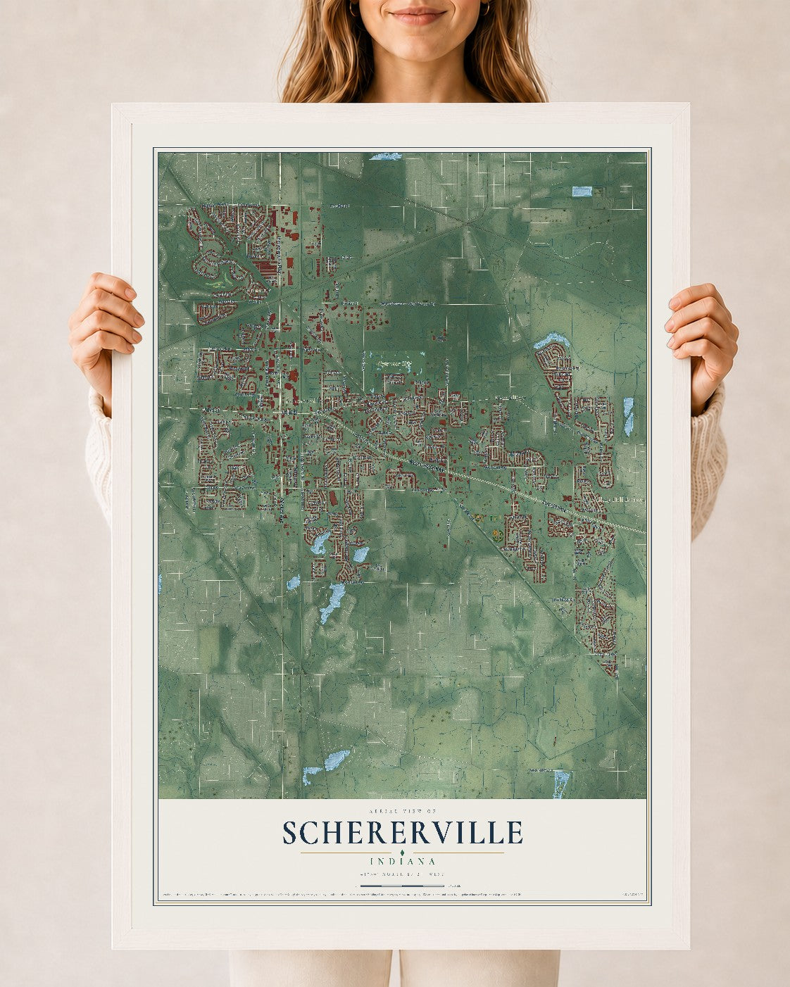 Map of Schererville, Indiana, 24 x 36 inch print in a white wood frame