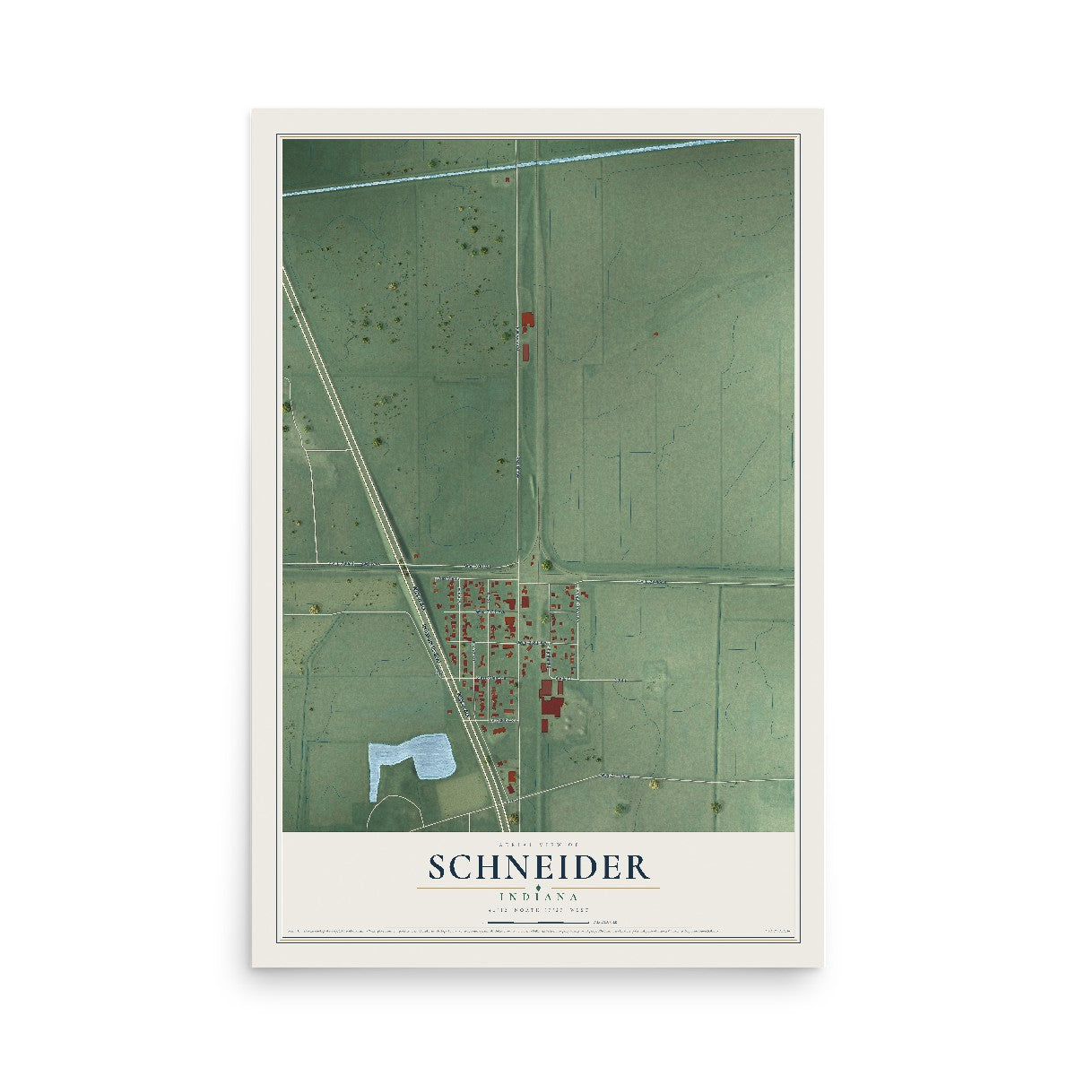 Map of Schneider, Indiana, 12 x 18 inch unframed archival matte print