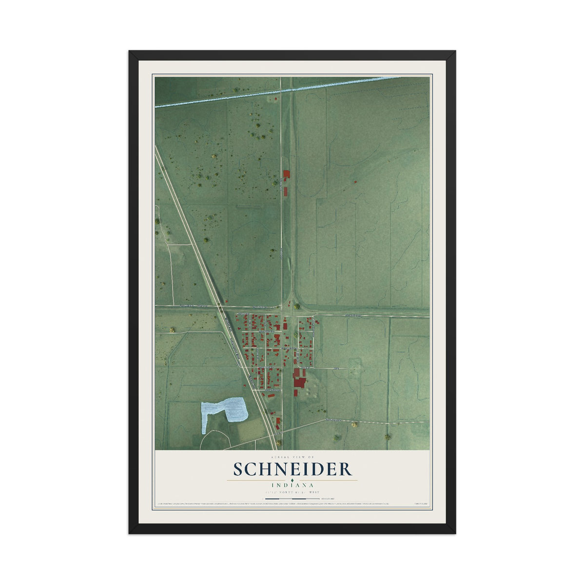 Map of Schneider, Indiana, 12 x 18 inch print in a black wood frame