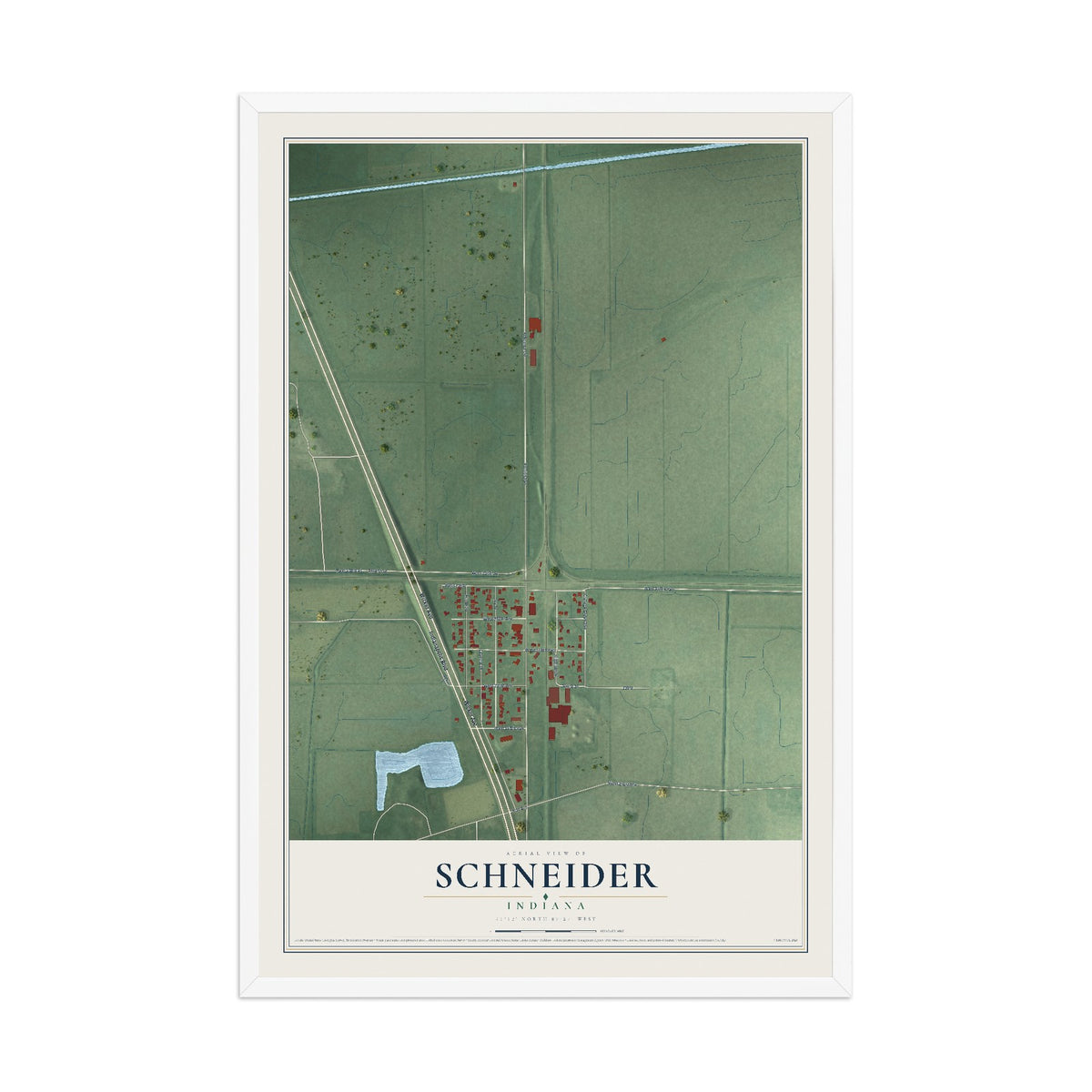 Map of Schneider, Indiana, 12 x 18 inch print in a white wood frame