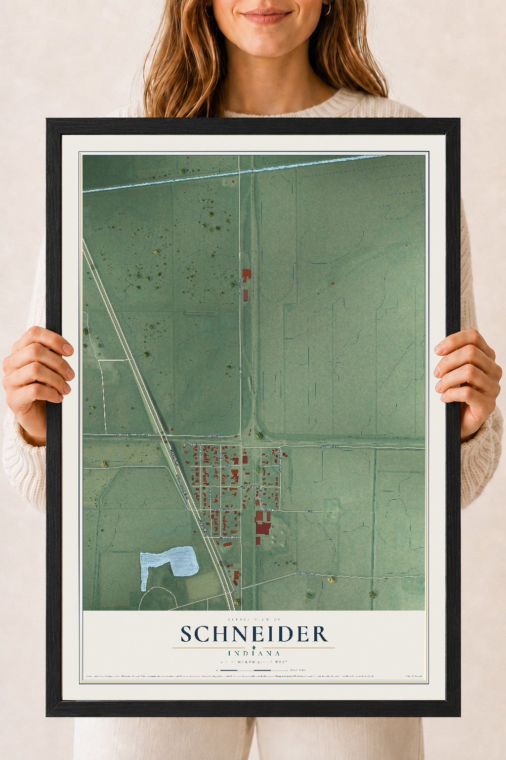 Map of Schneider, Indiana, 18 x 24 inch print in a black wood frame
