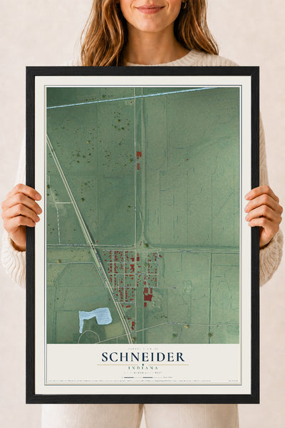 Map of Schneider, Indiana, 18 x 24 inch print in a black wood frame