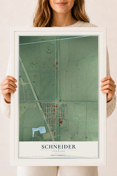Map of Schneider, Indiana, 18 x 24 inch print in a white wood frame