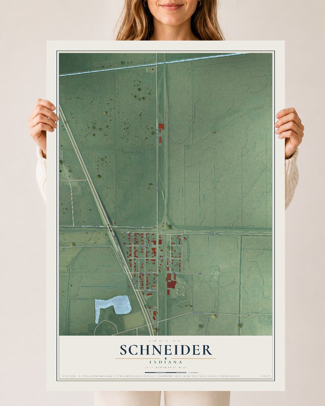 Map of Schneider, Indiana, 24 x 36 inch unframed archival matte print