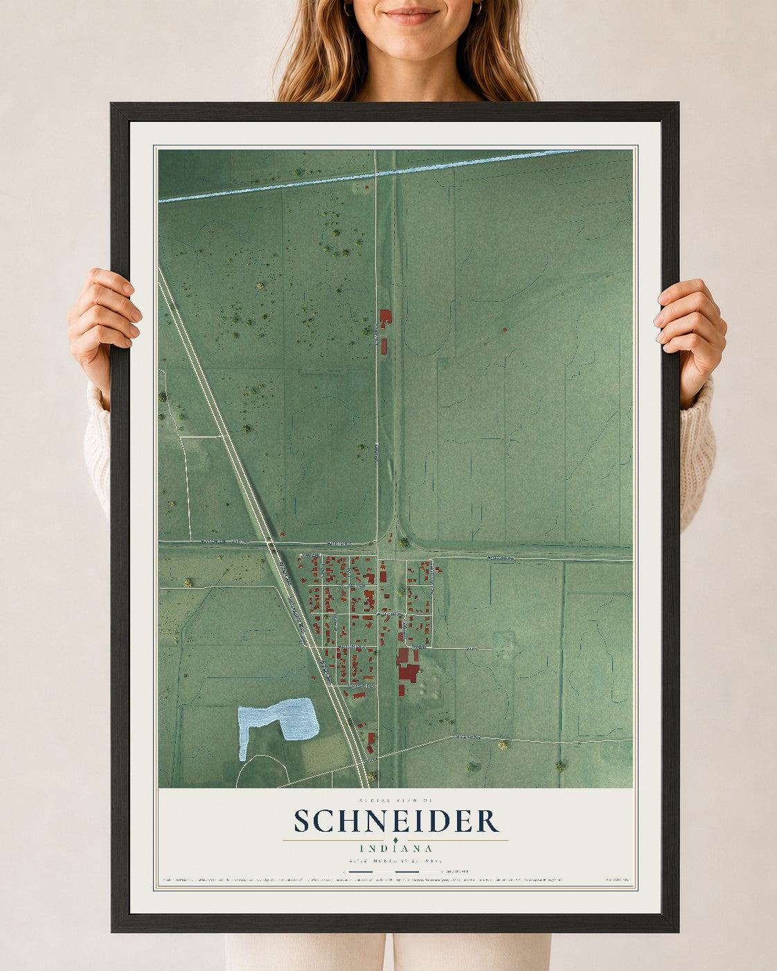 Map of Schneider, Indiana, 24 x 36 inch print in a black wood frame