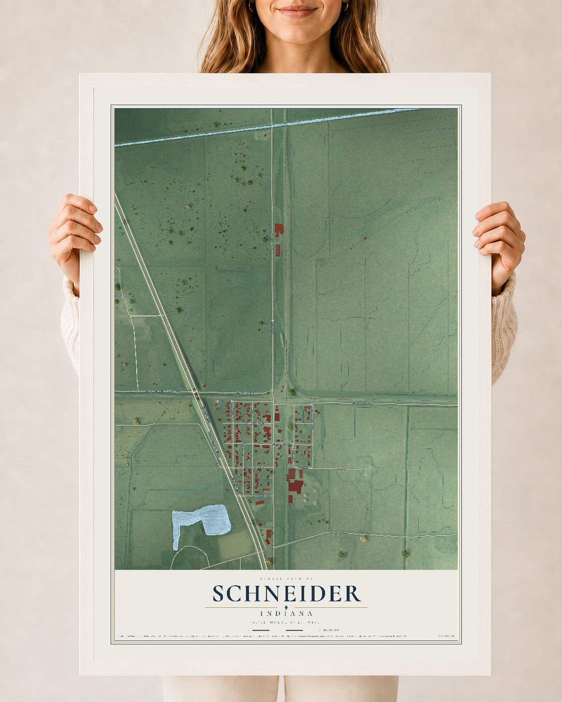 Map of Schneider, Indiana, 24 x 36 inch print in a white wood frame