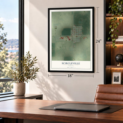 Scircleville, Indiana map, 18 x 24 inch print in a black frame in a home office