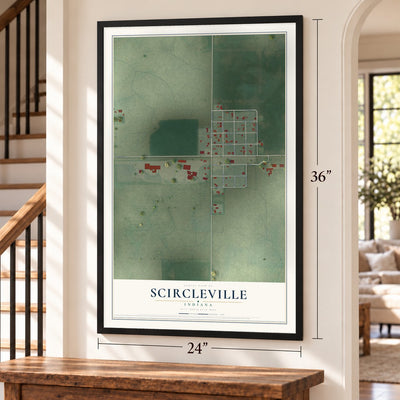 Scircleville, Indiana map, 24 x 36 inch print in a black frame by a staircase