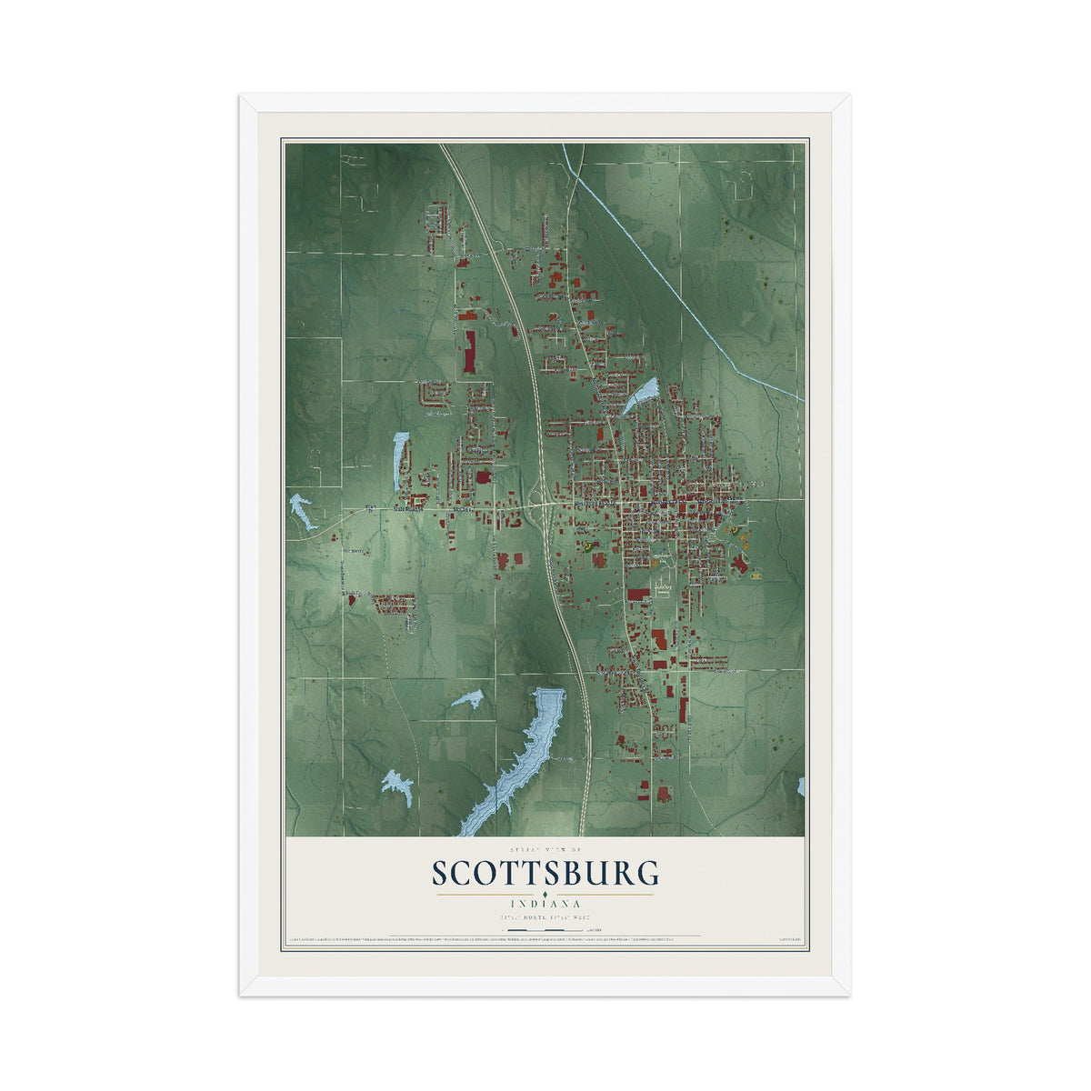 Map of Scottsburg, Indiana, 12 x 18 inch print in a white wood frame