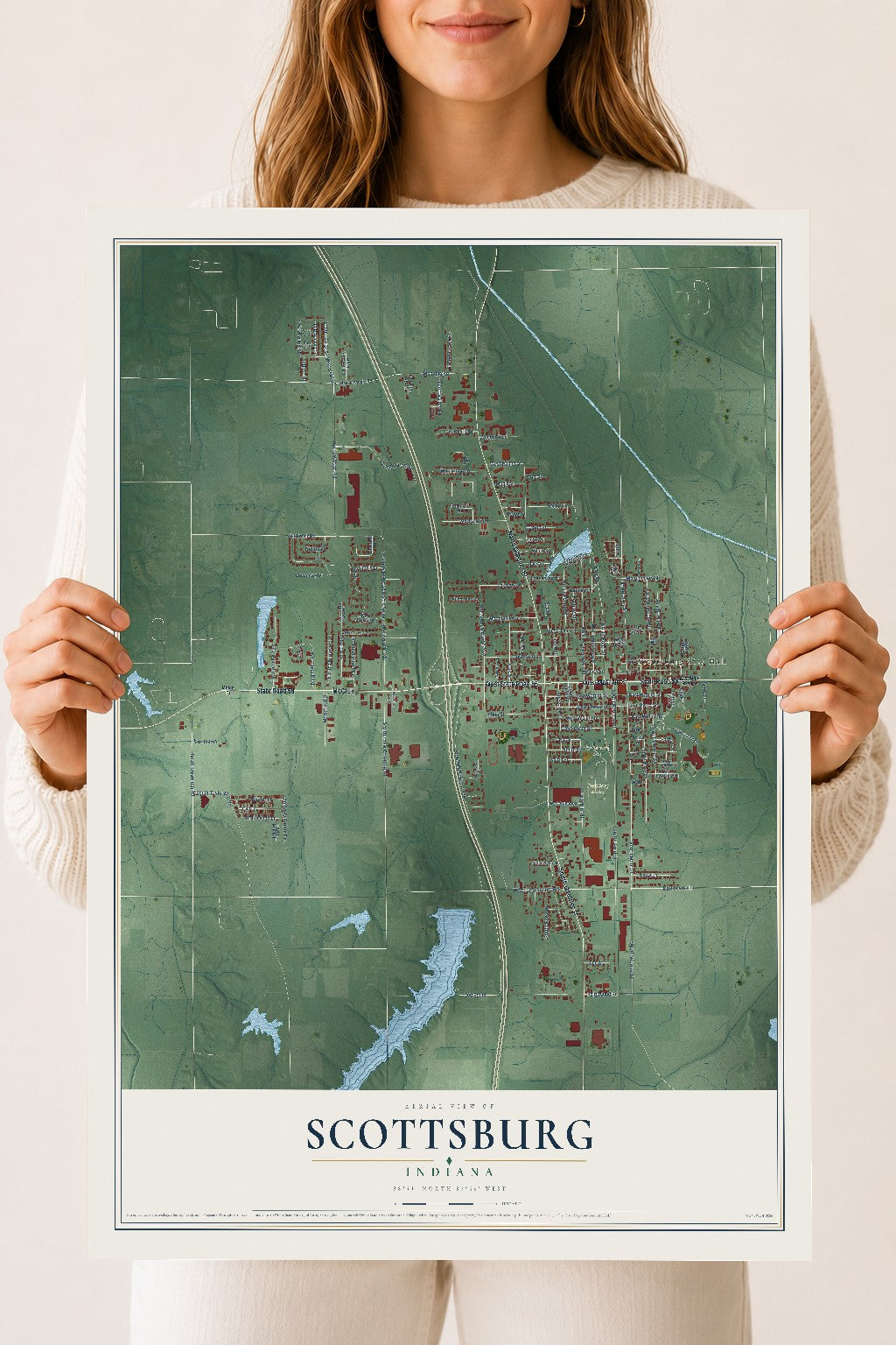 Map of Scottsburg, Indiana, 18 x 24 inch unframed archival matte print