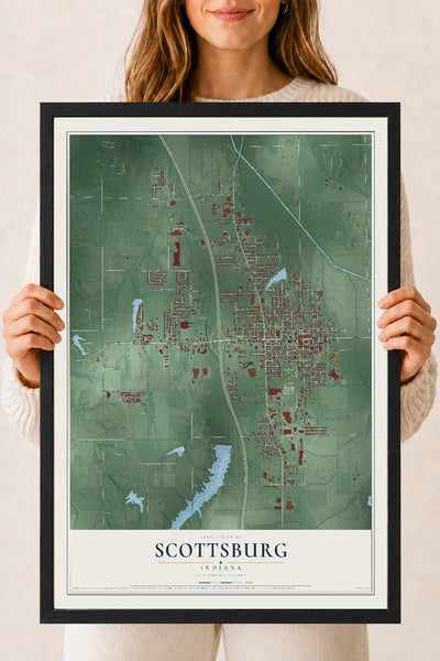 Map of Scottsburg, Indiana, 18 x 24 inch print in a black wood frame