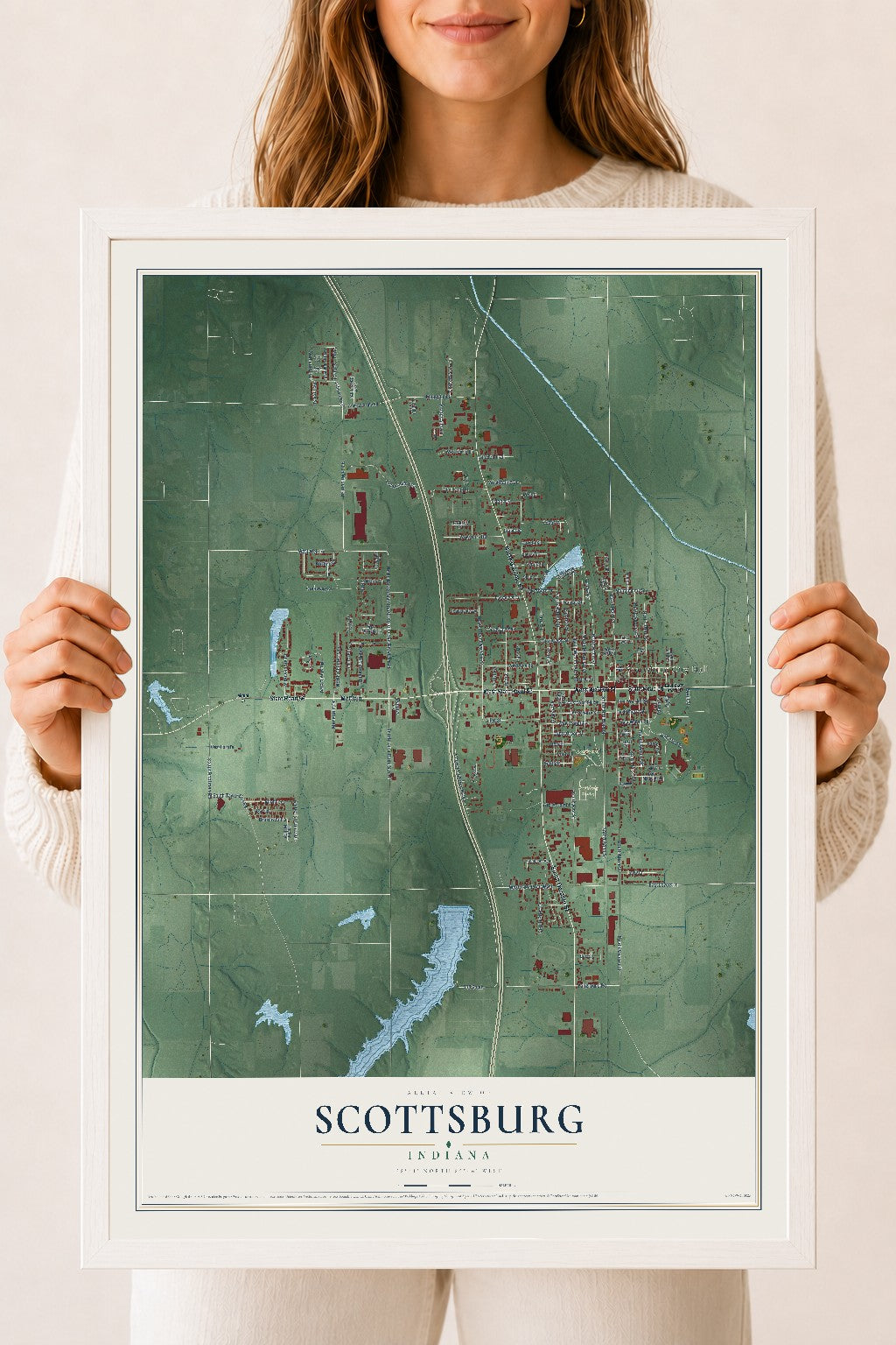 Map of Scottsburg, Indiana, 18 x 24 inch print in a white wood frame