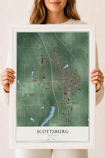 Map of Scottsburg, Indiana, 18 x 24 inch print in a white wood frame