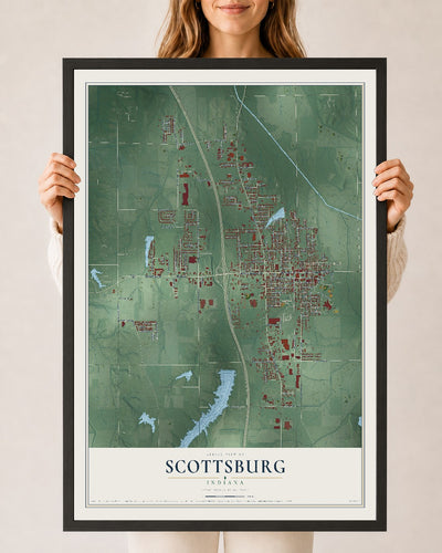 Map of Scottsburg, Indiana, 24 x 36 inch print in a black wood frame