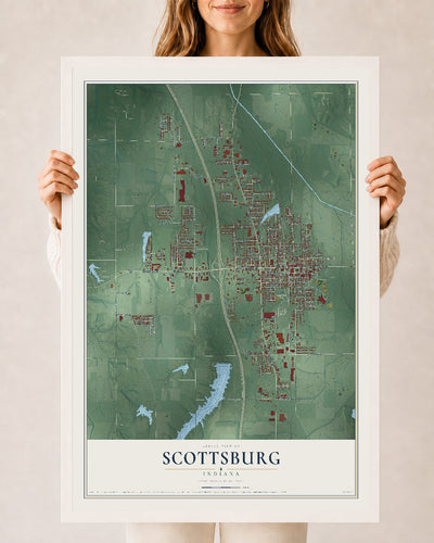 Map of Scottsburg, Indiana, 24 x 36 inch print in a white wood frame