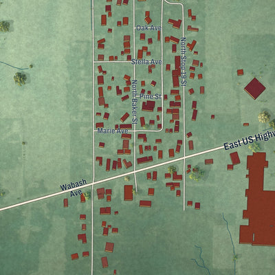 Close-up of the map of Seelyville, Indiana print showing street and building detail