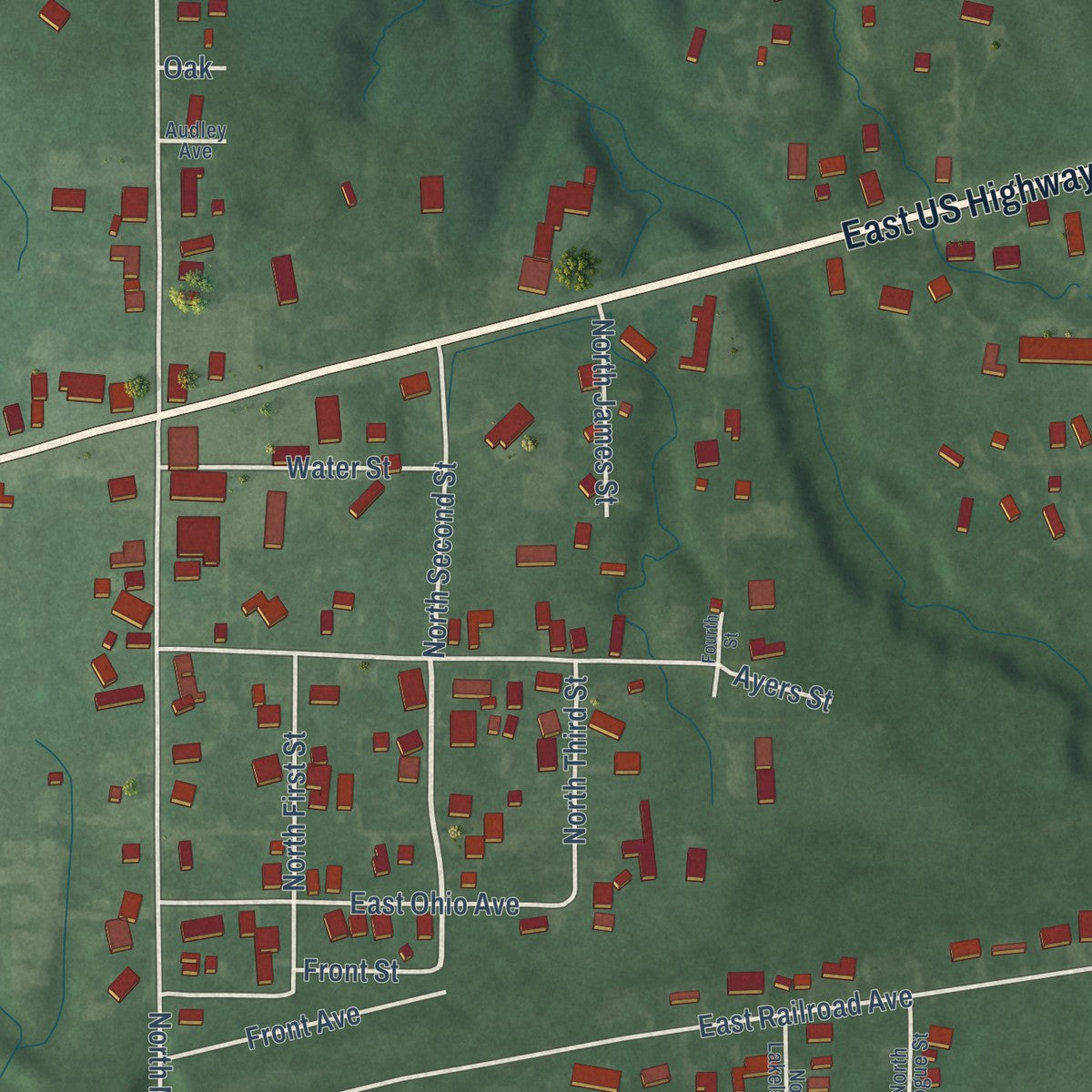 Second close-up of the map of Seelyville, Indiana print showing more streets and buildings