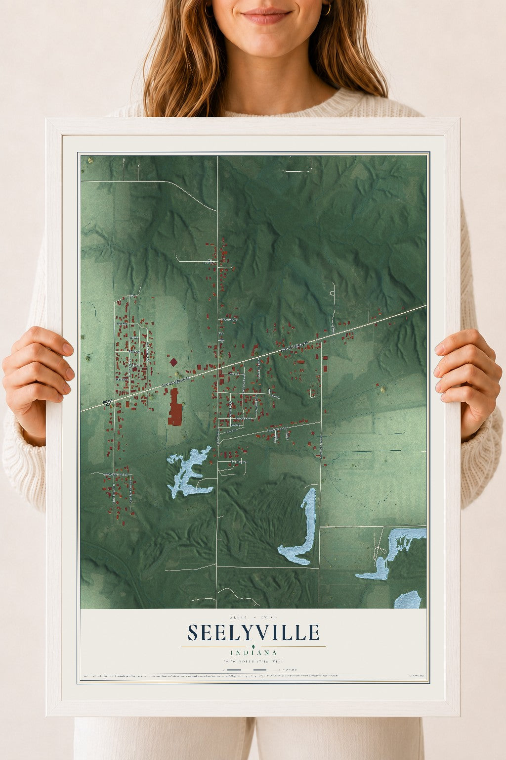 Map of Seelyville, Indiana, 18 x 24 inch print in a white wood frame