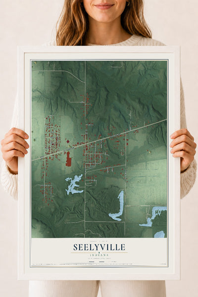 Map of Seelyville, Indiana, 18 x 24 inch print in a white wood frame