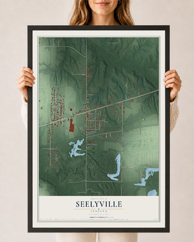 Map of Seelyville, Indiana, 24 x 36 inch print in a black wood frame