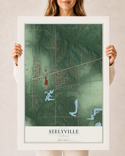 Map of Seelyville, Indiana, 24 x 36 inch print in a white wood frame
