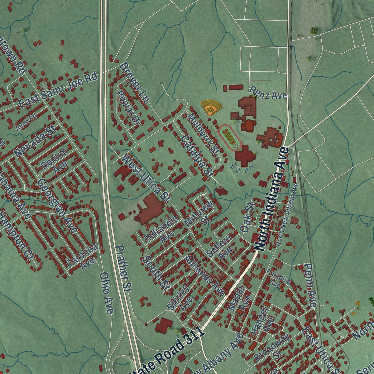 Close-up of the map of Sellersburg, Indiana print showing street and building detail