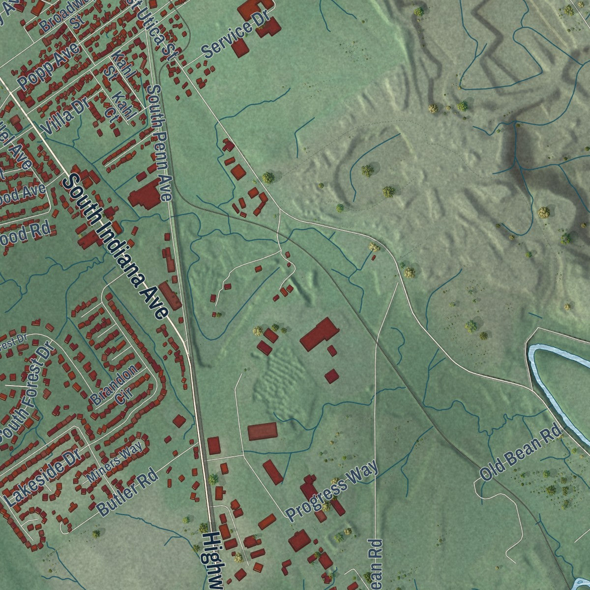 Second close-up of the map of Sellersburg, Indiana print showing more streets and buildings