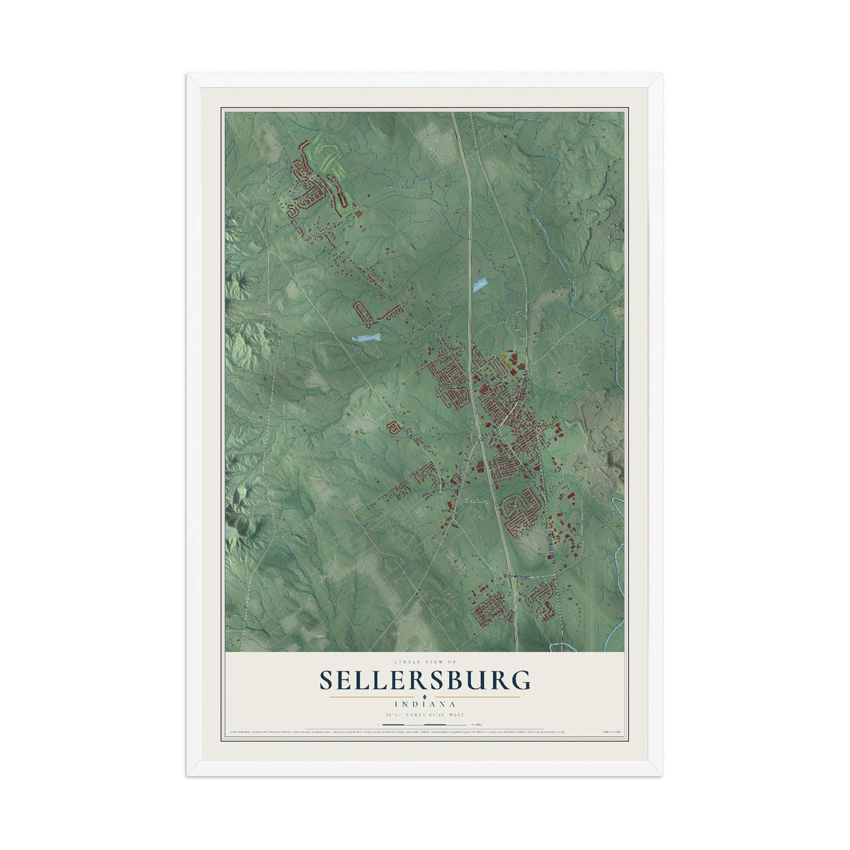 Map of Sellersburg, Indiana, 12 x 18 inch print in a white wood frame