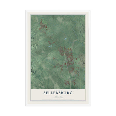 Map of Sellersburg, Indiana, 12 x 18 inch print in a white wood frame