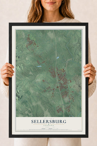 Map of Sellersburg, Indiana, 18 x 24 inch print in a black wood frame