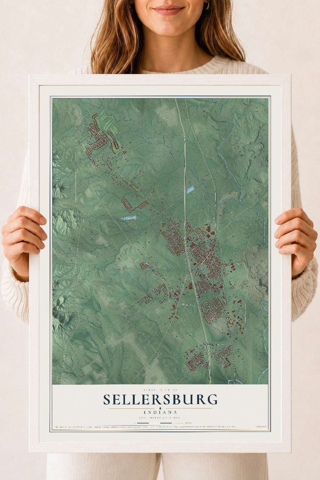 Map of Sellersburg, Indiana, 18 x 24 inch print in a white wood frame