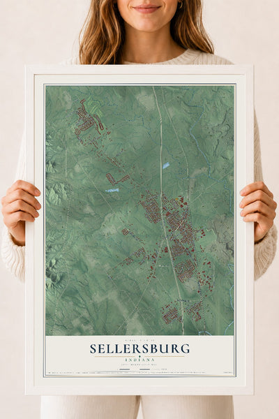 Map of Sellersburg, Indiana, 18 x 24 inch print in a white wood frame