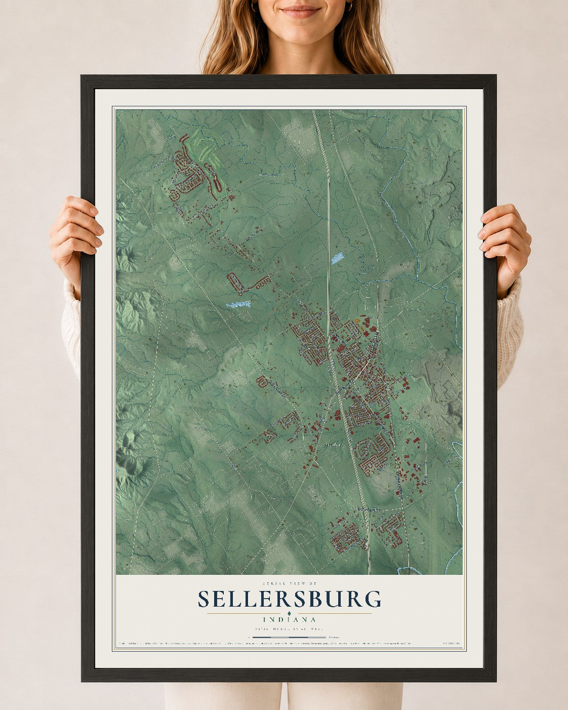 Map of Sellersburg, Indiana, 24 x 36 inch print in a black wood frame