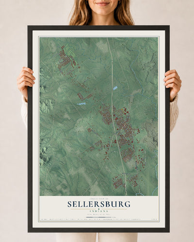 Map of Sellersburg, Indiana, 24 x 36 inch print in a black wood frame