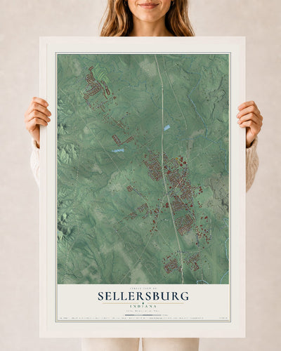Map of Sellersburg, Indiana, 24 x 36 inch print in a white wood frame